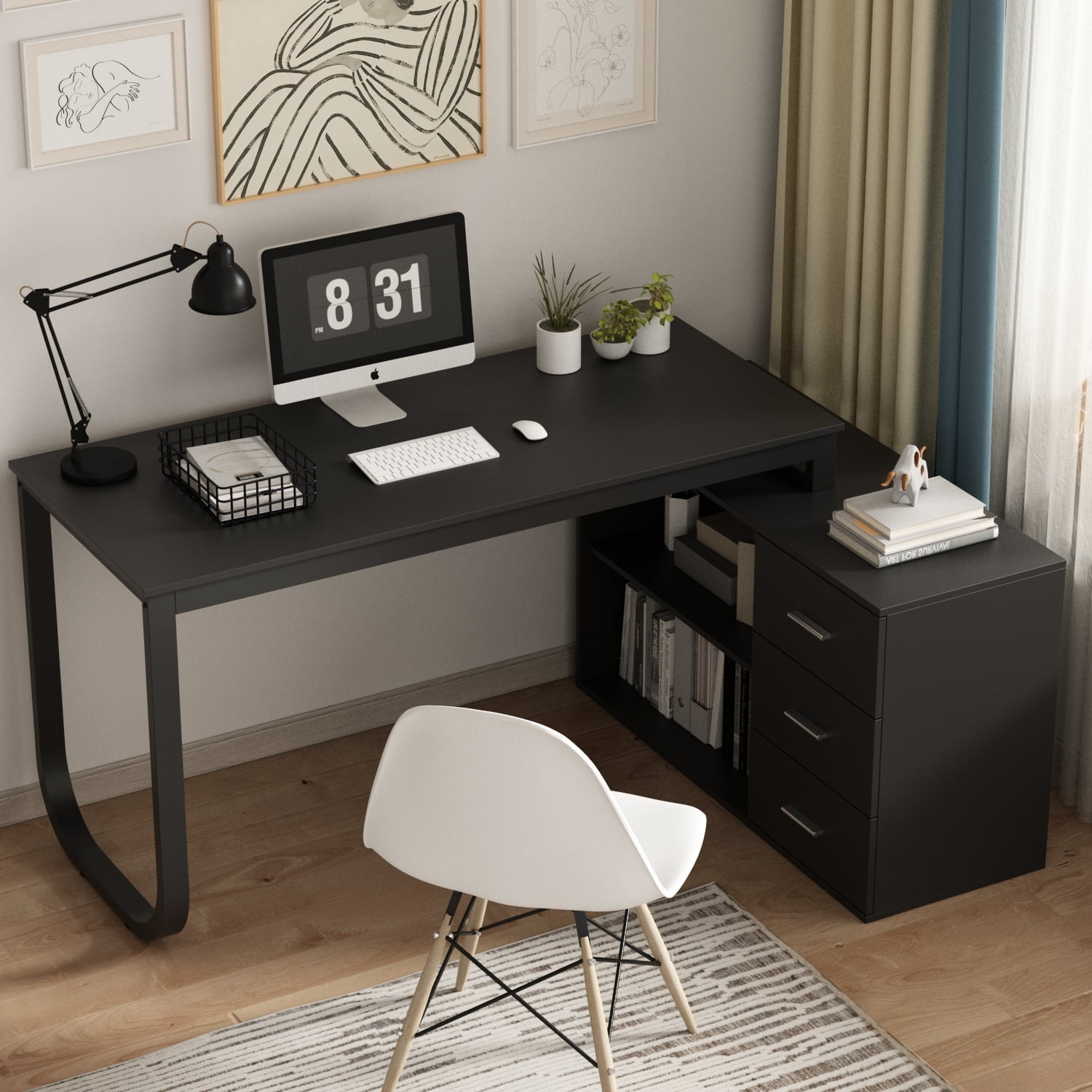 KULAGAGA L Shaped Computer Desk Corner Writing Workstation Table with Cabinet Drawer Storage for Home Office Study, Black