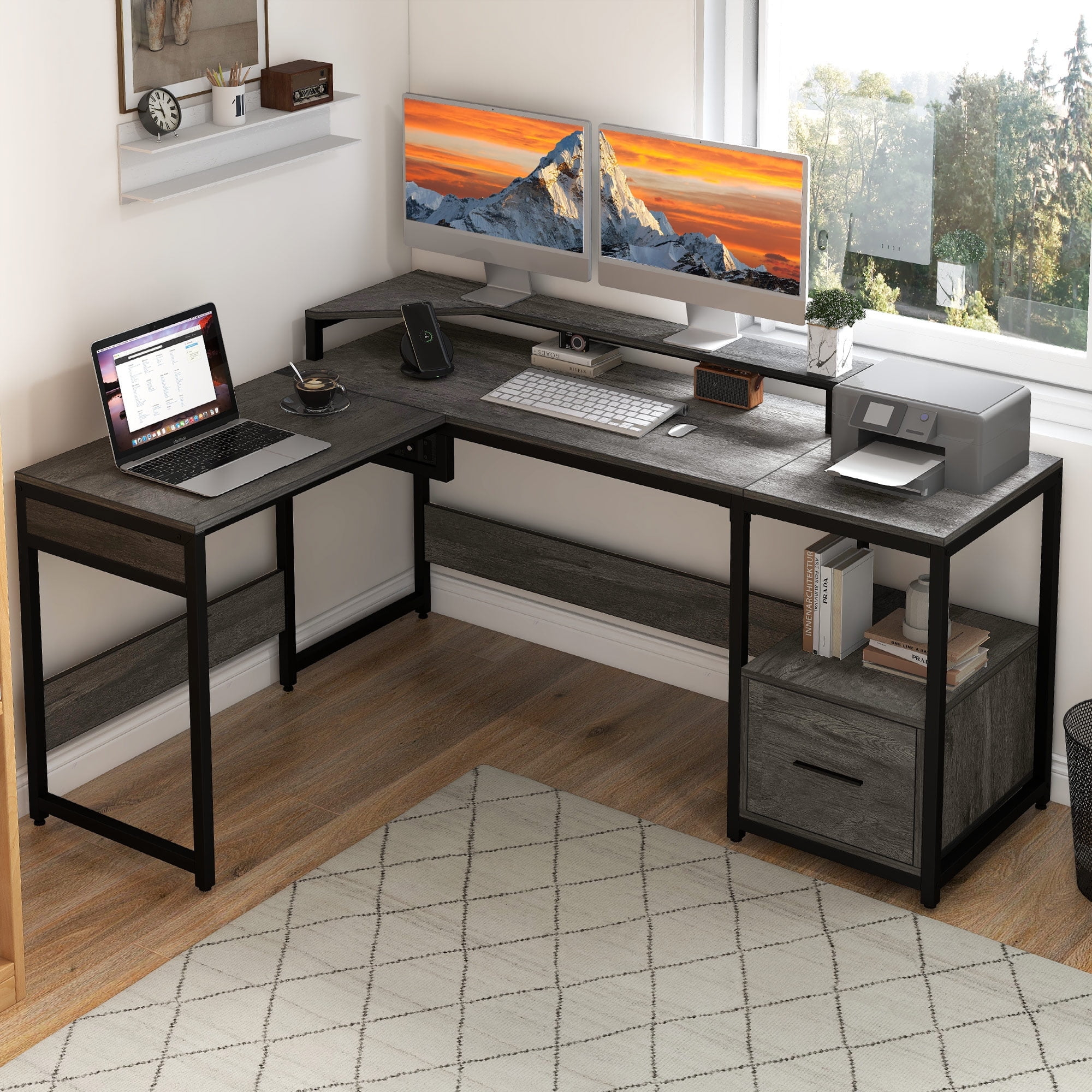 L Shaped Computer Desk with File Drawer, 65" L Shaped Desk with Monitor Stand, Height Adjustable Standing Desk , Gray