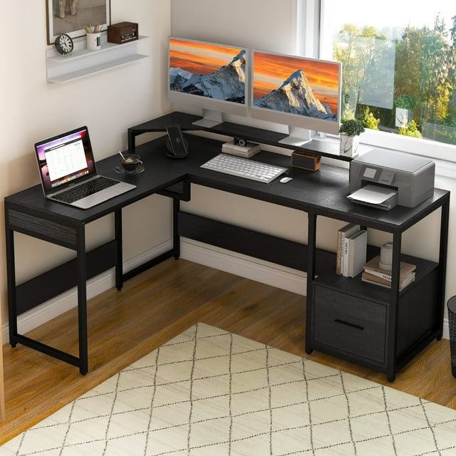 L Shaped Computer Desk with File Drawer, 65" L Shaped Desk with Monitor Stand, Height Adjustable Standing Desk , Black