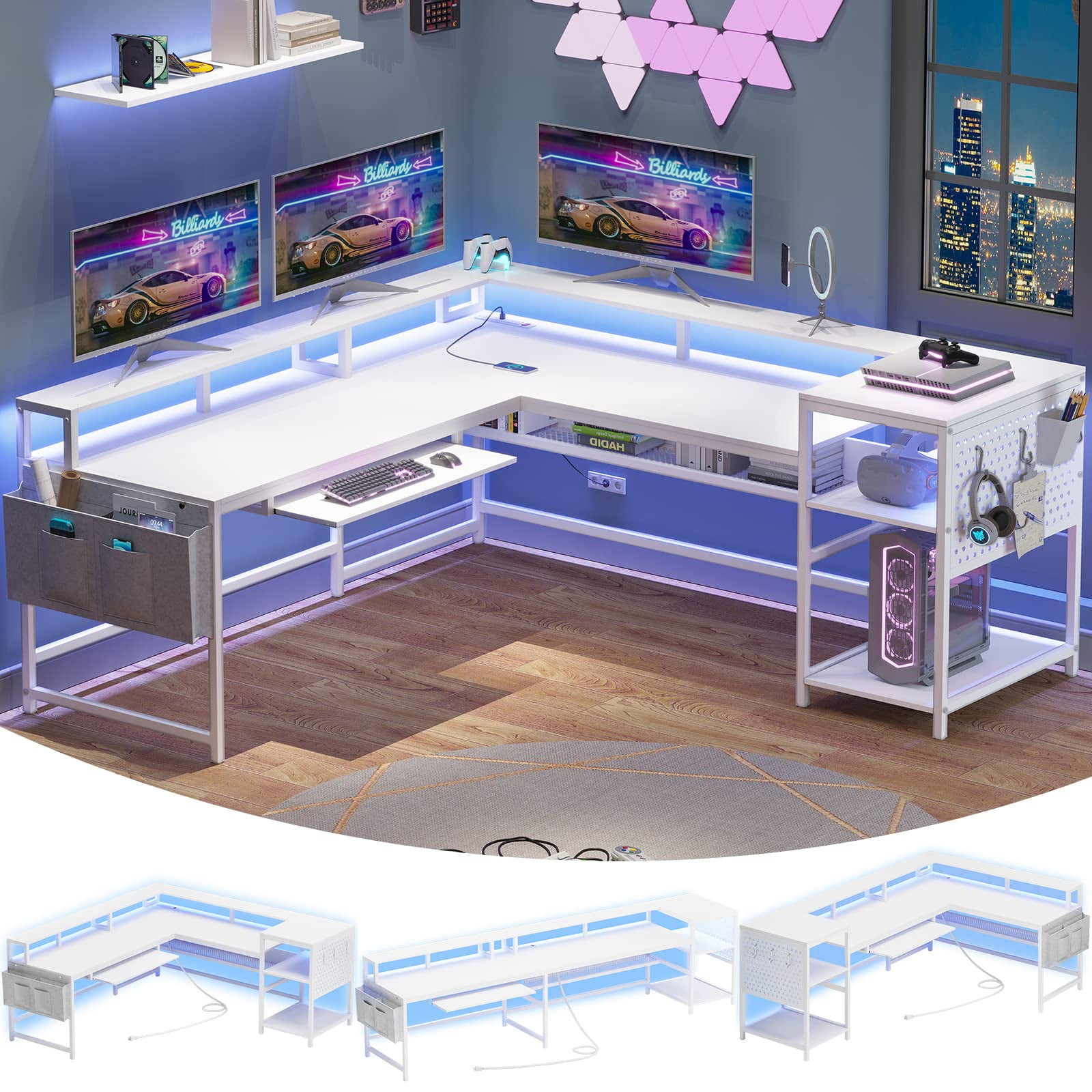 L Shaped Gaming Desk, Reversible Computer Desk with Power Outlets and LED Strip for Home Office, White