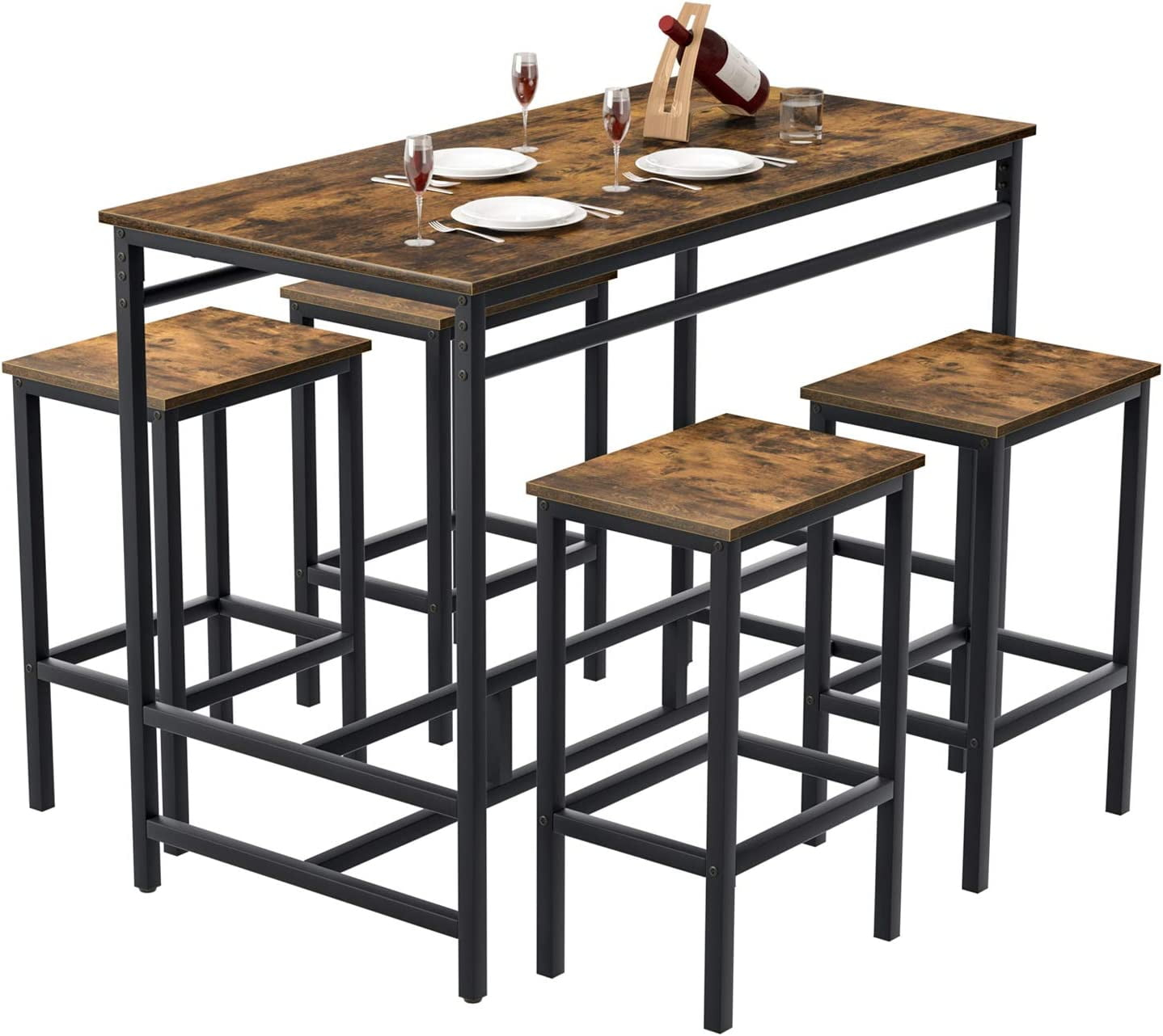 Counter Height Bar Table Set, 5 Piece Dining Table Set, Modern Pub Table with 4 Stools, Home Dining Table and Stools Set, 4-Person Kitchen Breakfast Table Set, Rustic Brown, D8995