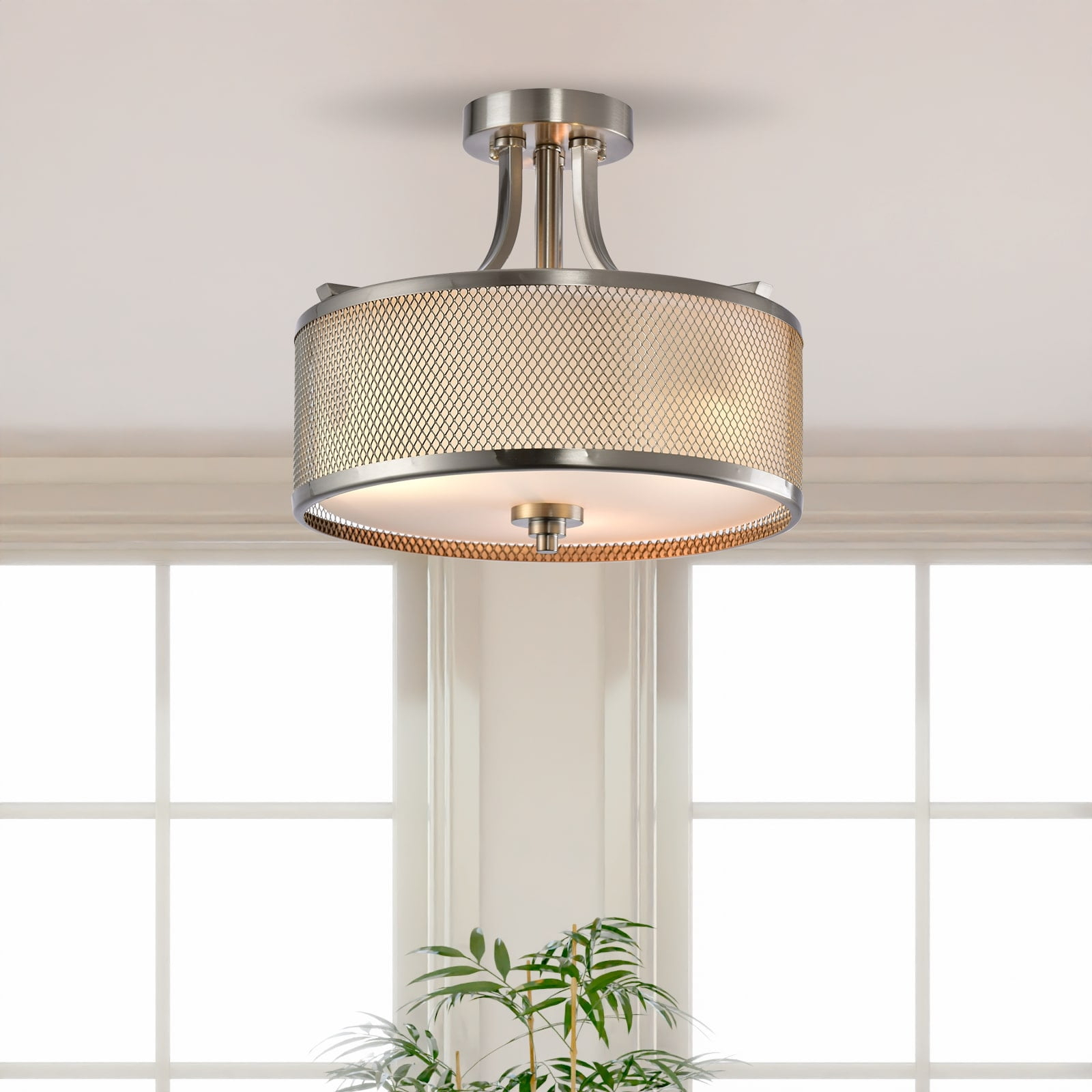 LAZZUR Escaut 3 Light 14 in. Satin Nickel Semi-Flush Mount Ceiling Light