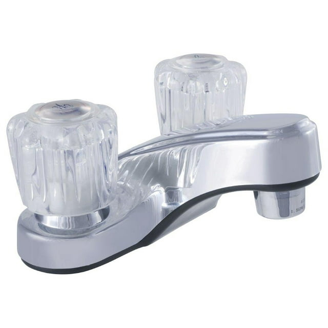 Chrome Low Arc Double Handle Bathroom Faucet with Acrylic Knobs