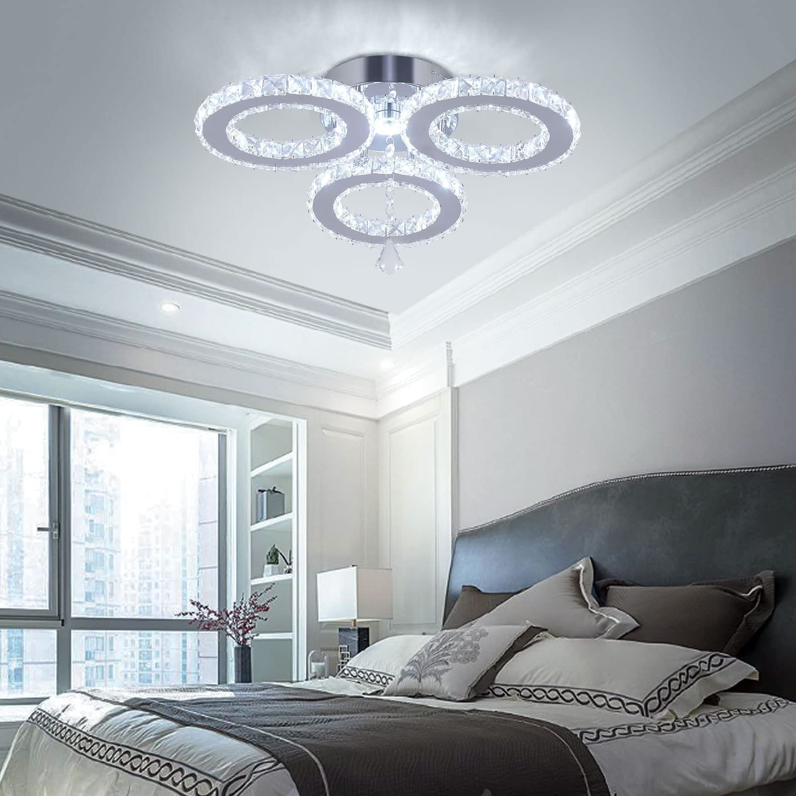 LED Crystal Pendant Ceiling Light 13x3.5 Inches 3 Rings Crystal Chandelier Flush Mount Lighting Fixture for Bedroom Hobby Living Room (Cool White)