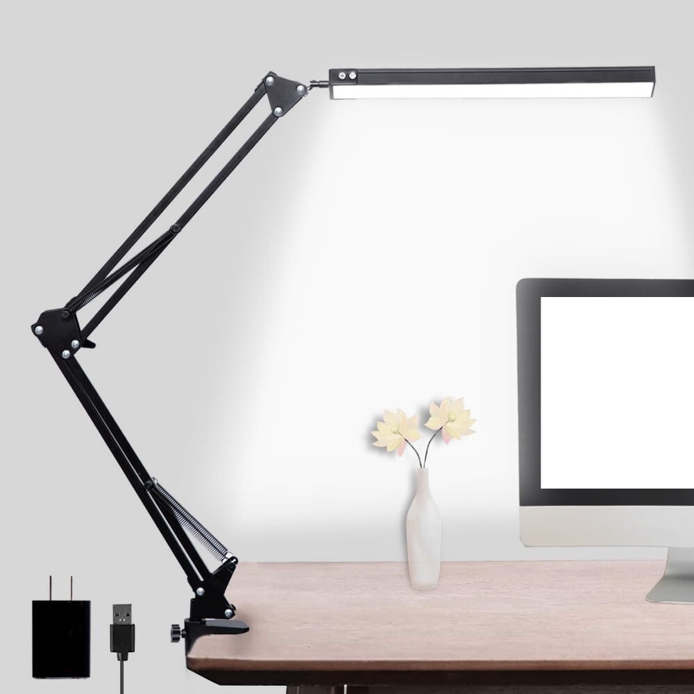 LED Desk Lamp,Adjustable Swing Arm Lamp with Clamp,Eye-Caring Reading Light,10 Brightness Levels,3 Lighting Modes,Memory Function Lamps for Home Office Adapter (Black)