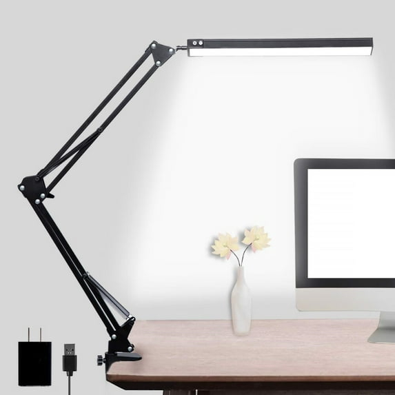LED Desk Lamp,Adjustable Swing Arm Lamp with Clamp,Eye-Caring Reading Light,10 Brightness Levels,3 Lighting Modes,Memory Function Lamps for Home Office Adapter (Black)