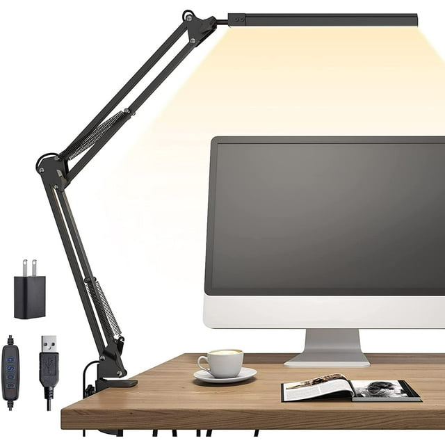 LED Desk Lamp, Swing arm Desk Light with clamp, 3 Lighting 10 Brightness Eye-Caring Modes, Reading Desk Lamps for Home Office 360 Degree Spin with USB Adapter & Memory Function black-14W