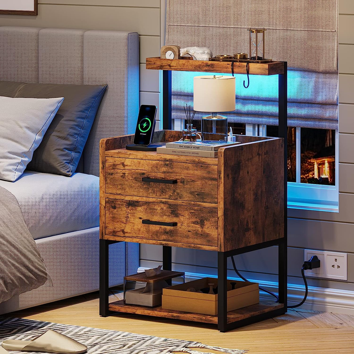 Brown LED Night Stand with Charging Station, Modern Bedside Table for Bedroom