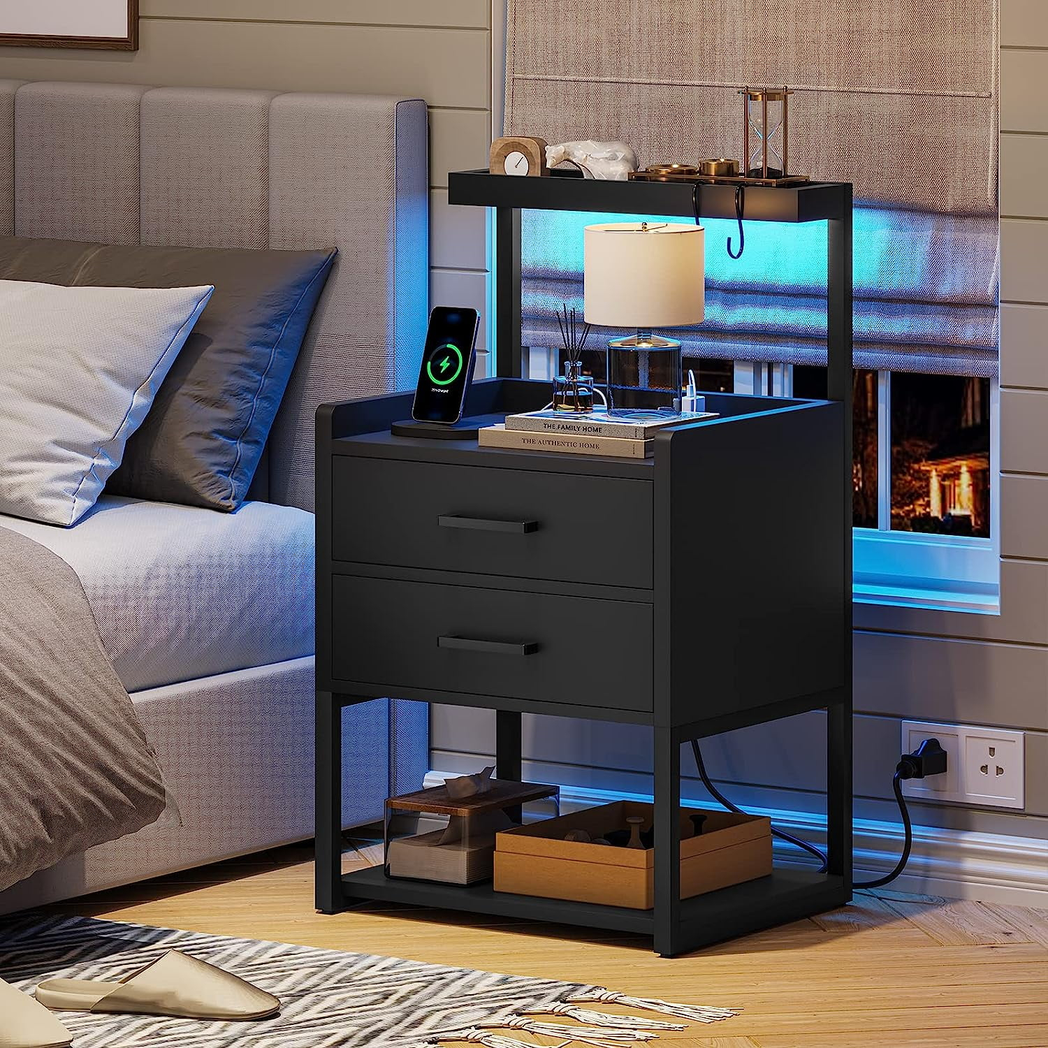 LED Nightstand with 2 Drawers & LED Lights & Charging Station, Modern Bedside Table End Side Tables for Bedroom Living Room, Black