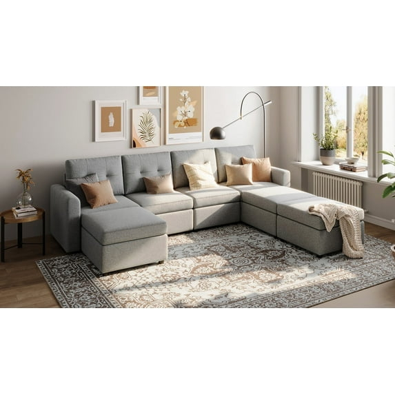 LINSY HOME Oversized Modular Cloud Sectional Sofa, RUBIK III 7 Seat Storage Couches and Sofas, Sectional Couches for Living Room with Reversible Chaises, Light Gray