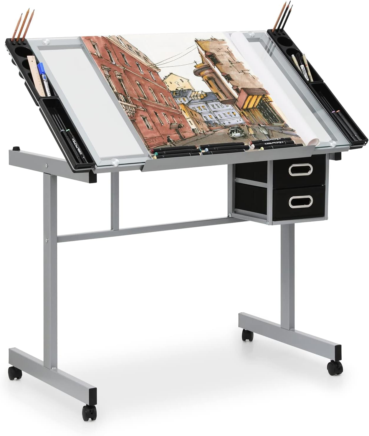 LIQI Drafting Table on Wheels with Storage & Side Tray - Adjustable 0-65° Glass Tabletop, Replaceable Feet Art Desk