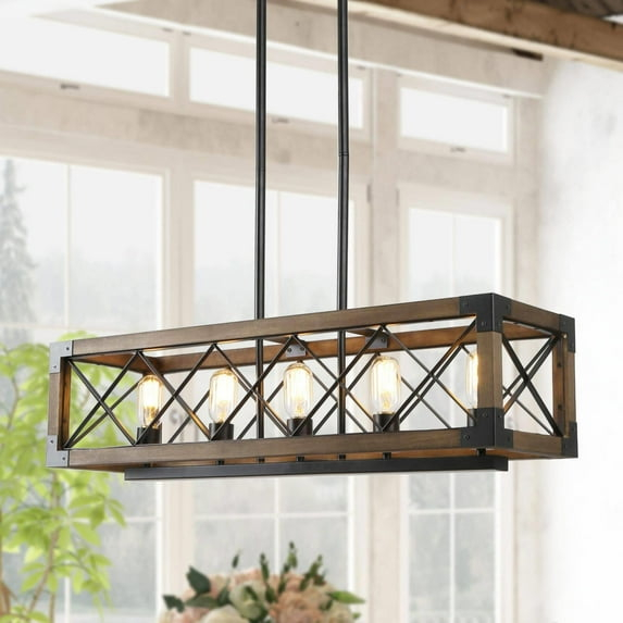 Farmhouse 5-Light Wood and Black Metal Chandelier, Rectangular Kitchen Island Light Fixture