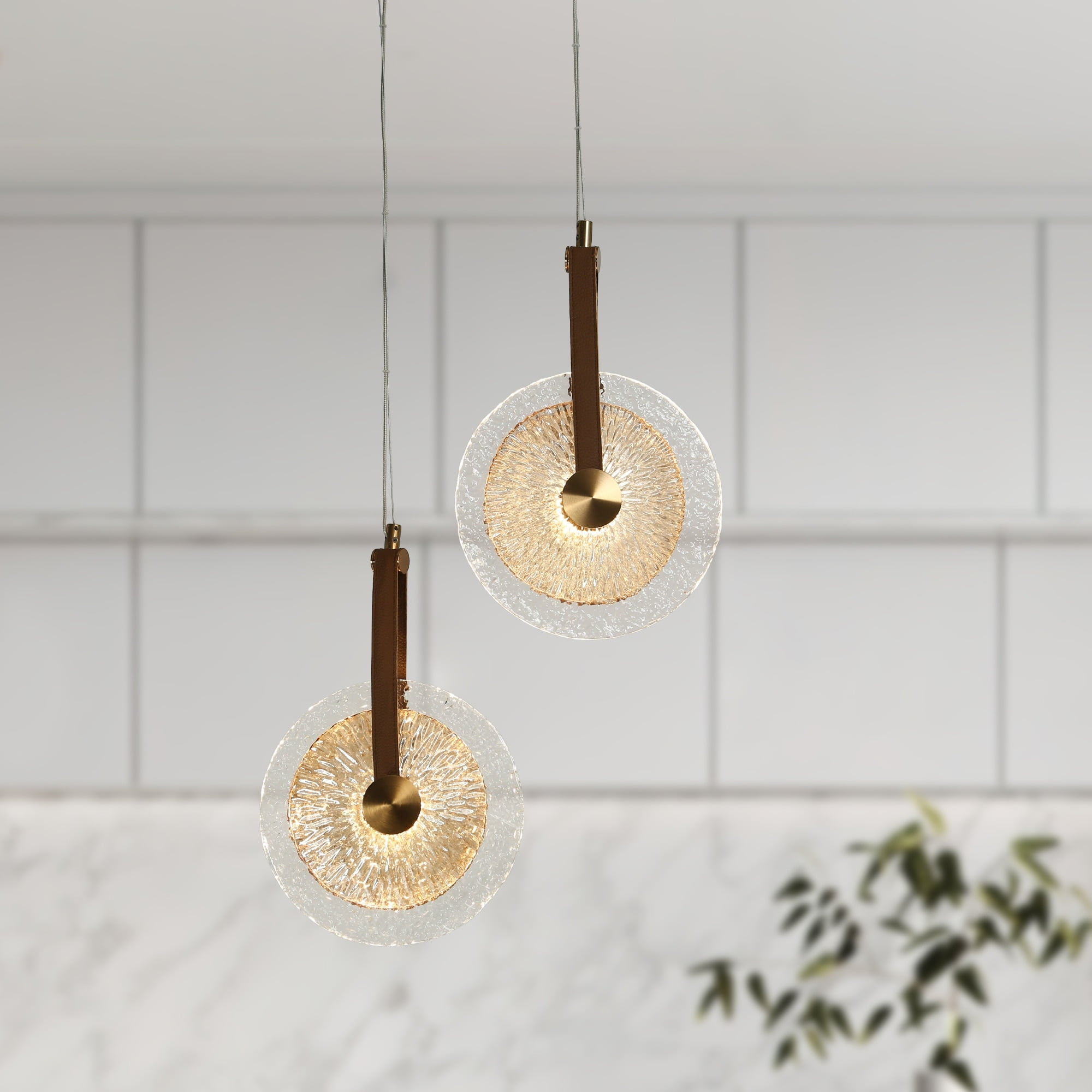 LNC Modern Gold LED 2-Light Chandelier Art Disc Design Pendant Lights for Kitchen Island Foyer