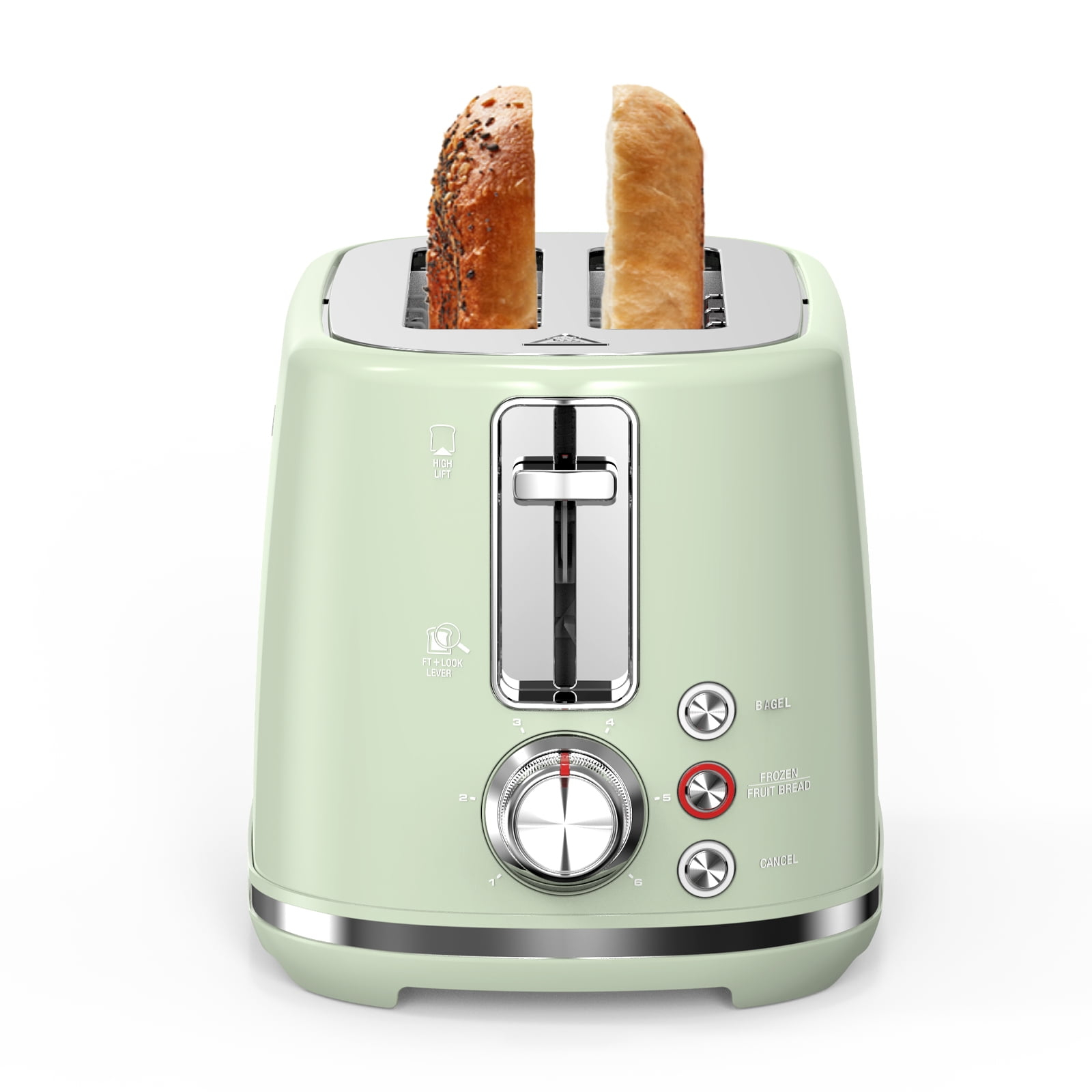 LONGDEEM 2 Slice Toaster, 6 Settings, Extra Wide Slots, High Lift, Auto Shutoff, Pastel Green, New