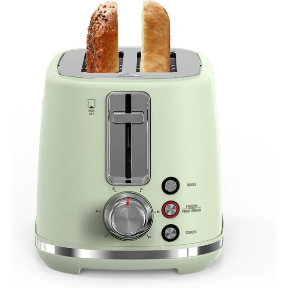 LONGDEEM 2 Slice Toaster, 6 Settings, Extra Wide Slots, High Lift, Auto Shutoff, Pastel Green, New