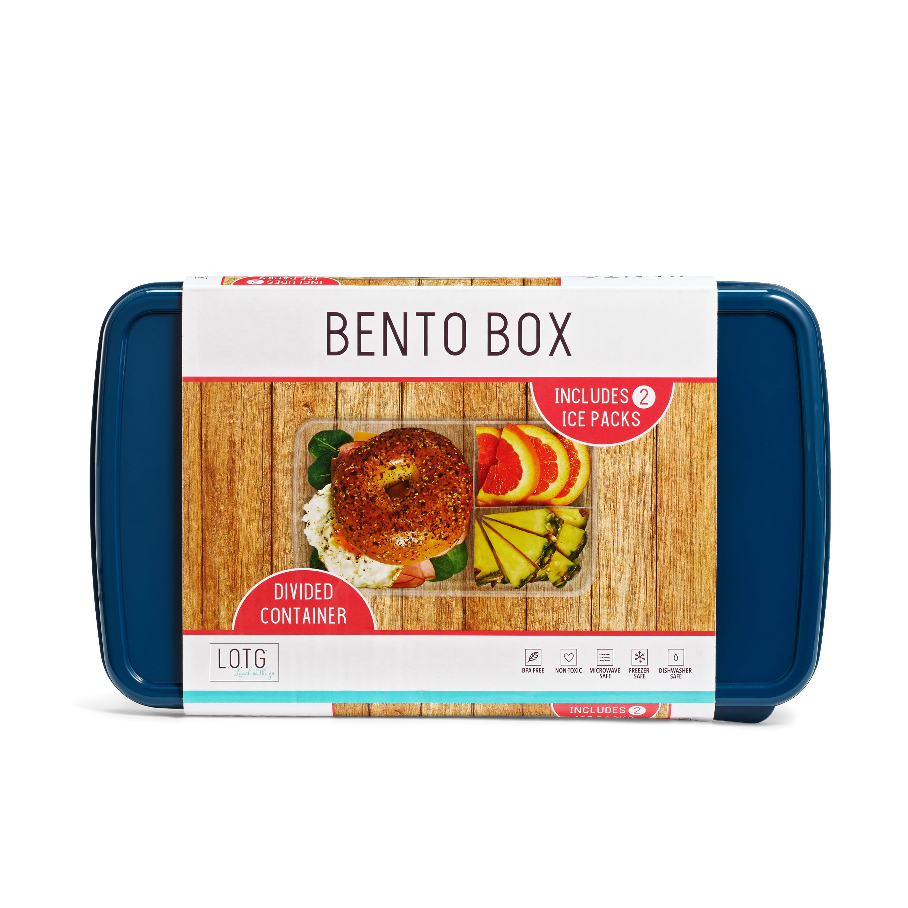 L.O.T.G. Three-Compartment BPA-Free Plastic Lunch Box with 2 Slim Ice Packs