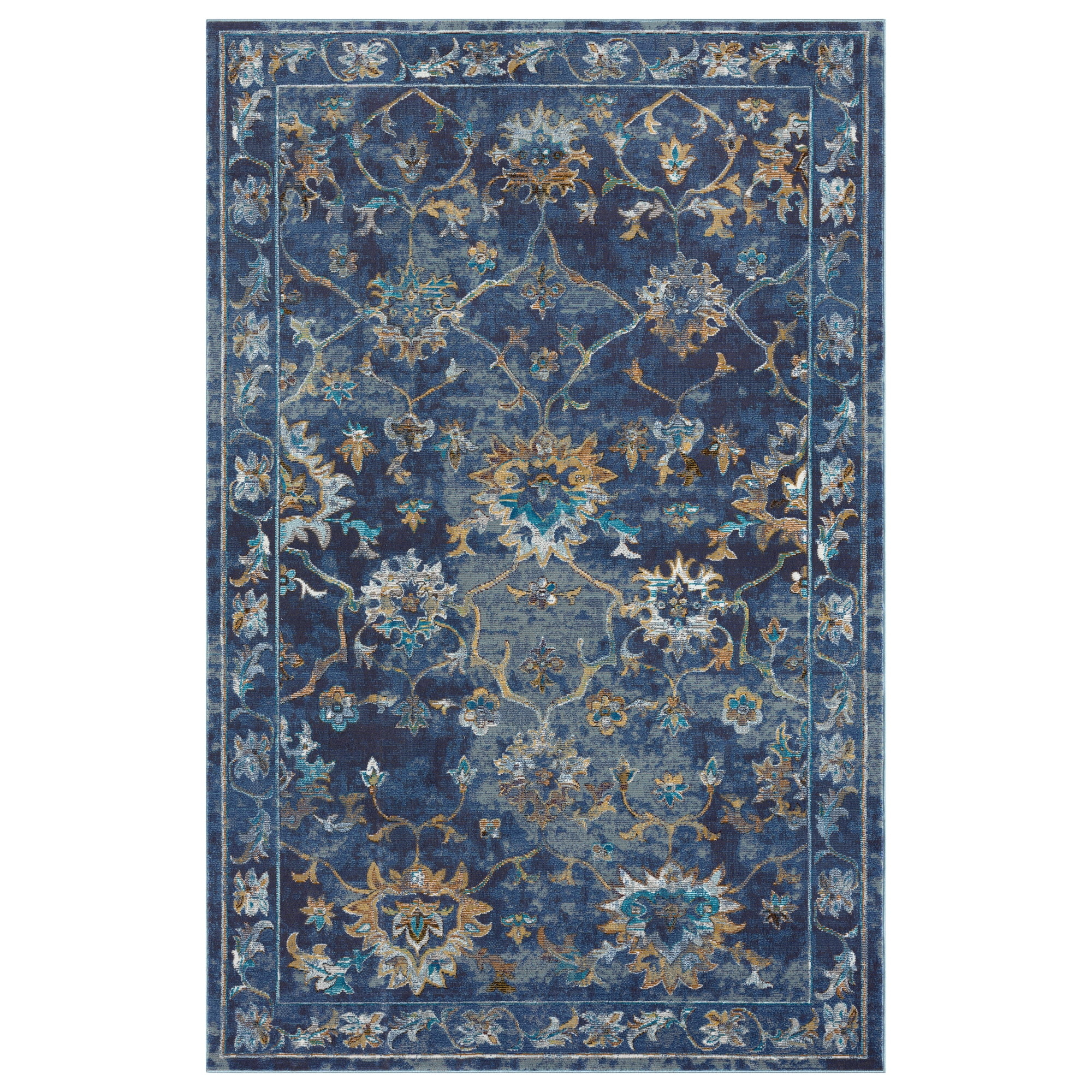 LR Home Ada 5' x 8' Indigo Bordered Floral Adult Durable Indoor Area Rug