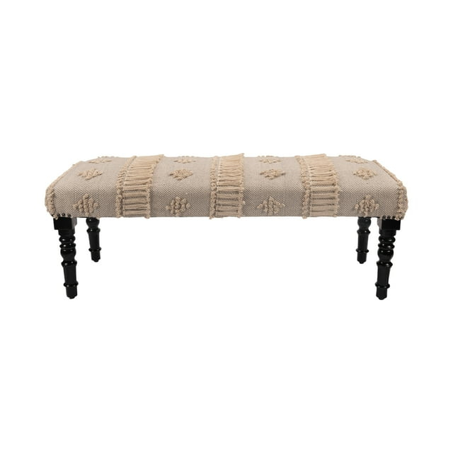 LR Home Analia 47" Upholstered Accent Bench, Gray/Cream Stripes with Fringe