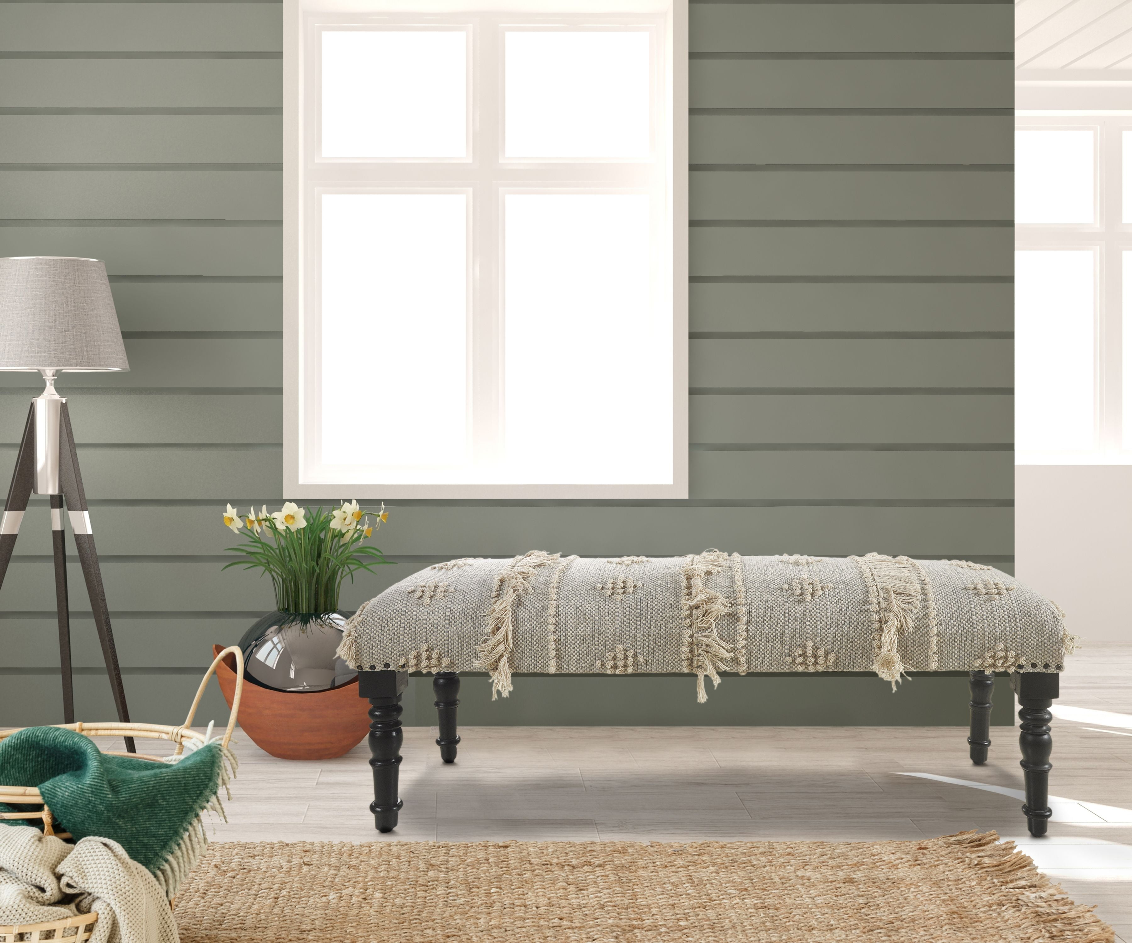 LR Home Analia 47" Upholstered Accent Bench, Gray/Cream Stripes with Fringe