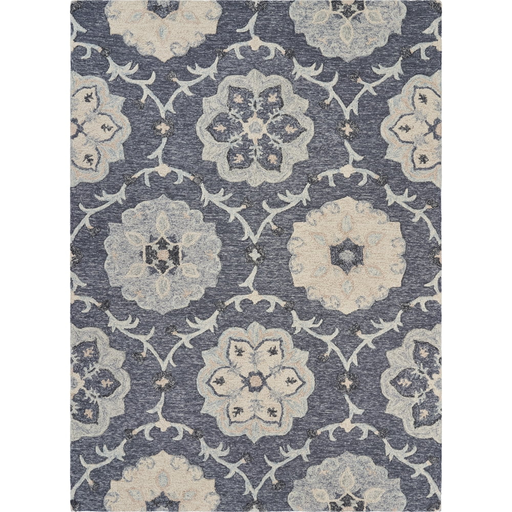 LR Home Aiden 7' x 9' Blue and Gray Floral Wool Indoor Area Rug