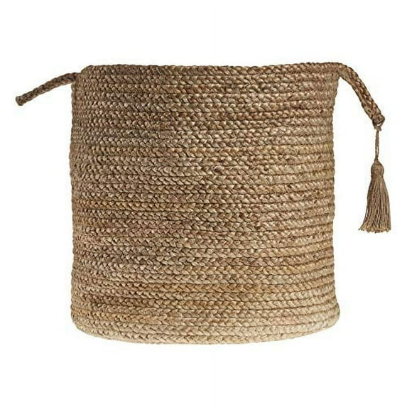 LR Home Braided Round Jute 17" Storage Basket with Handles, Natural/Tan Solid