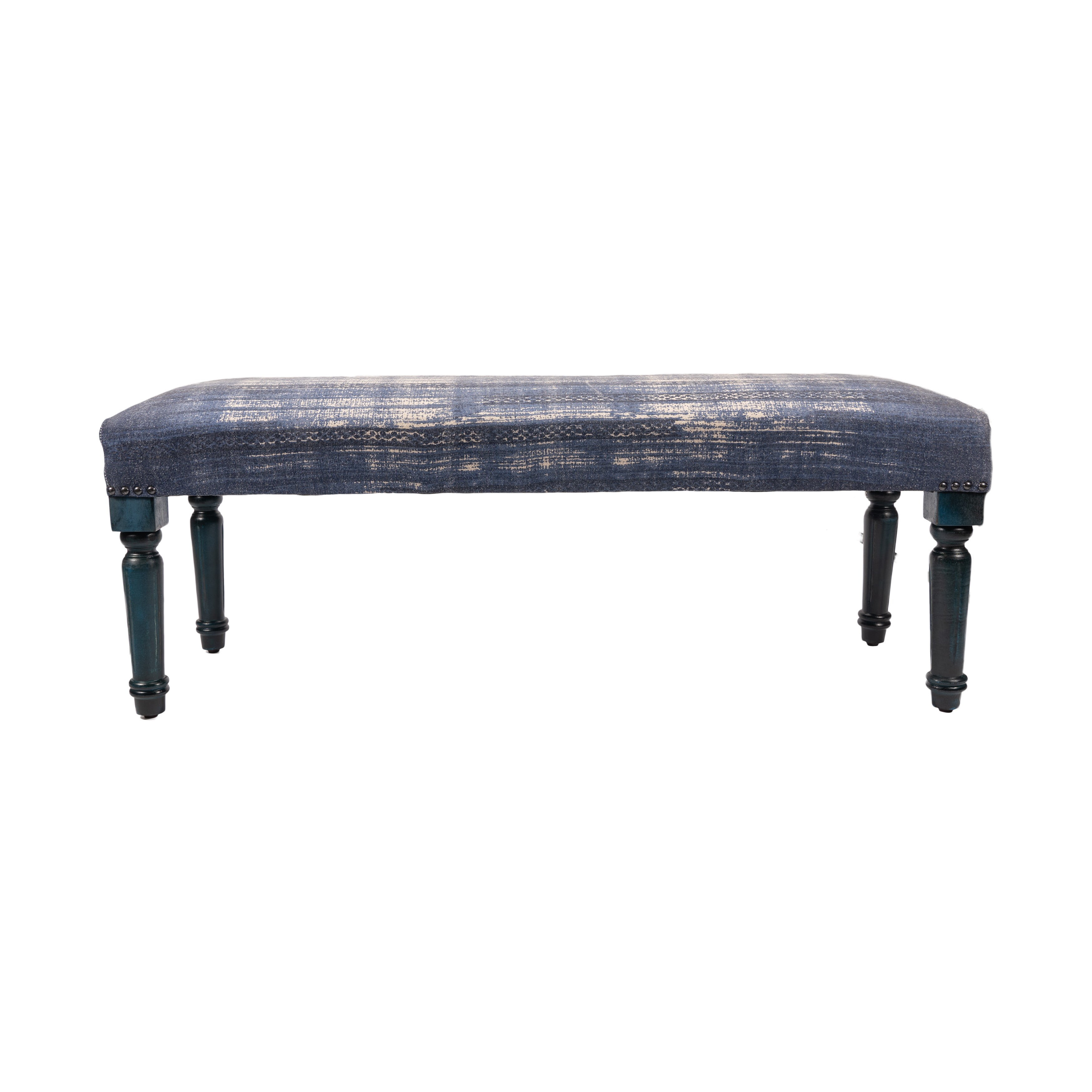 LR Home Bryant 47" Upholstered Accent Bench, Blue Abtsract