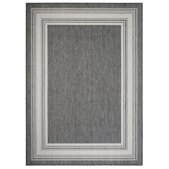LR Home Kiara 7'6" x 9'5" Black/Gray/White Bordered Fade & Stain Resistant Indoor/Outdoor Area Rug