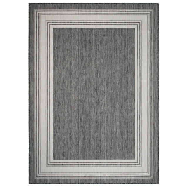 LR Home Kiara 7'6" x 9'5" Black/Gray/White Bordered Fade & Stain Resistant Indoor/Outdoor Area Rug