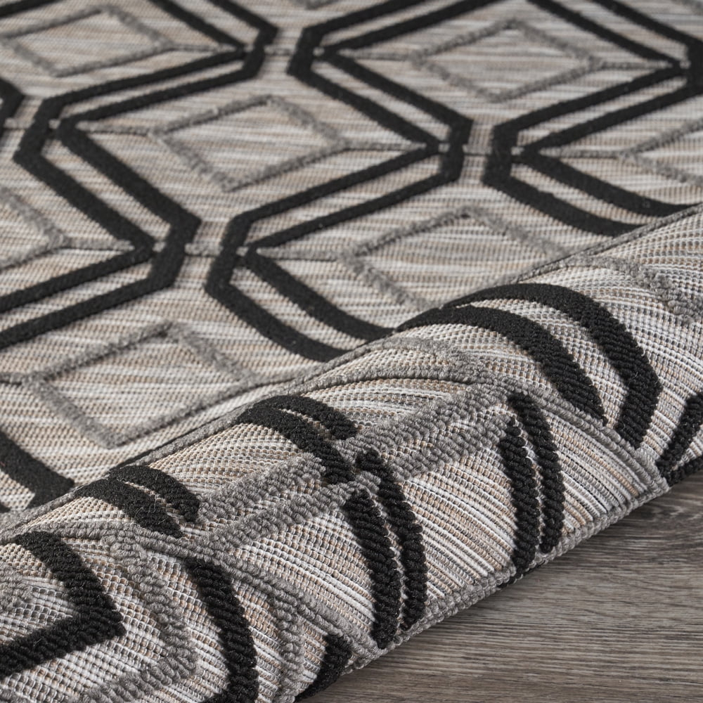 LR Home Reese 7'9" x 9'9", Black/Gray Diamond Fade, Stain, and Moisture Resistant Indoor/Outdoor Area Rug