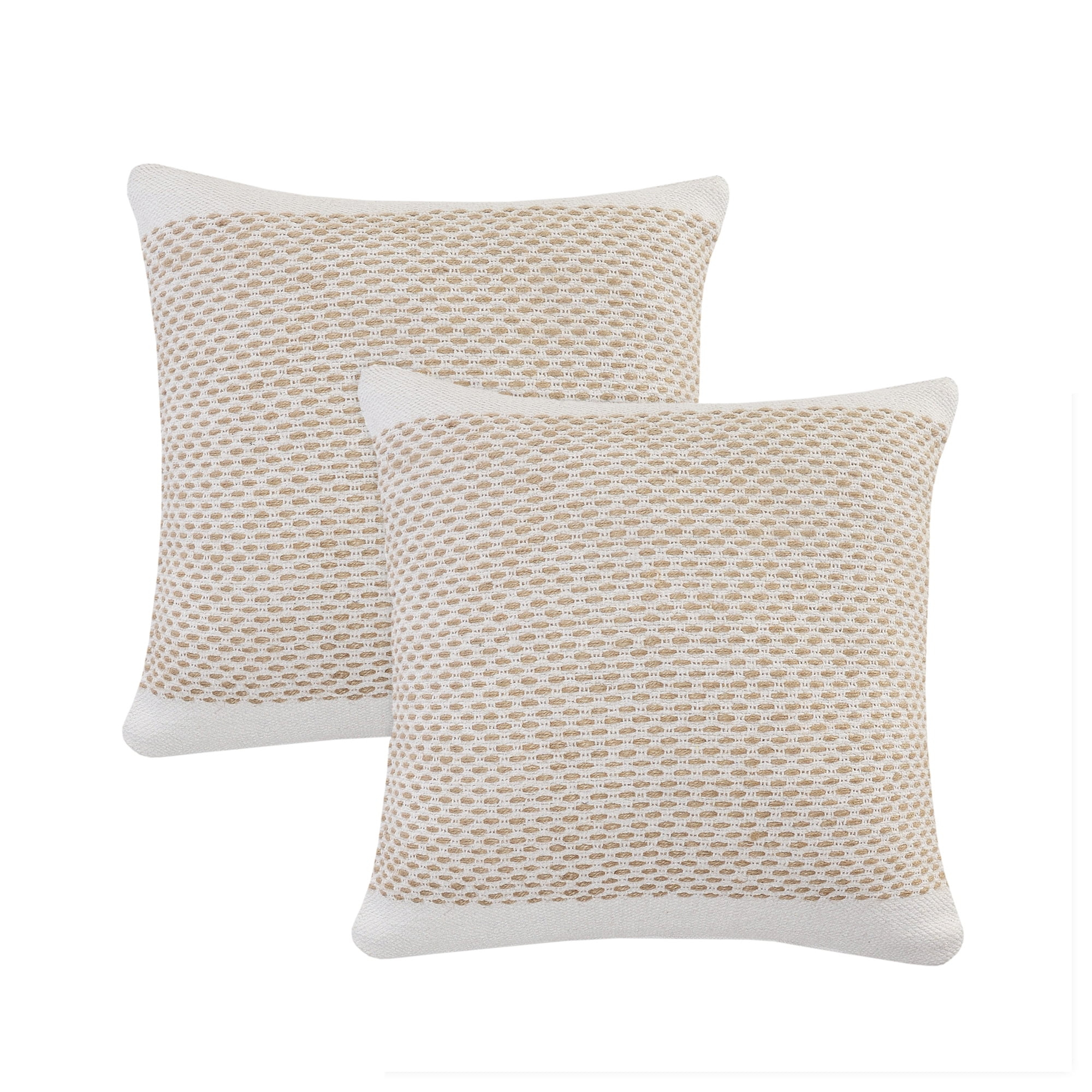 LR Home Rin Bordered Farmhouse Cotton Throw Pillows, Natural/White, 20" x 20", Set of 2