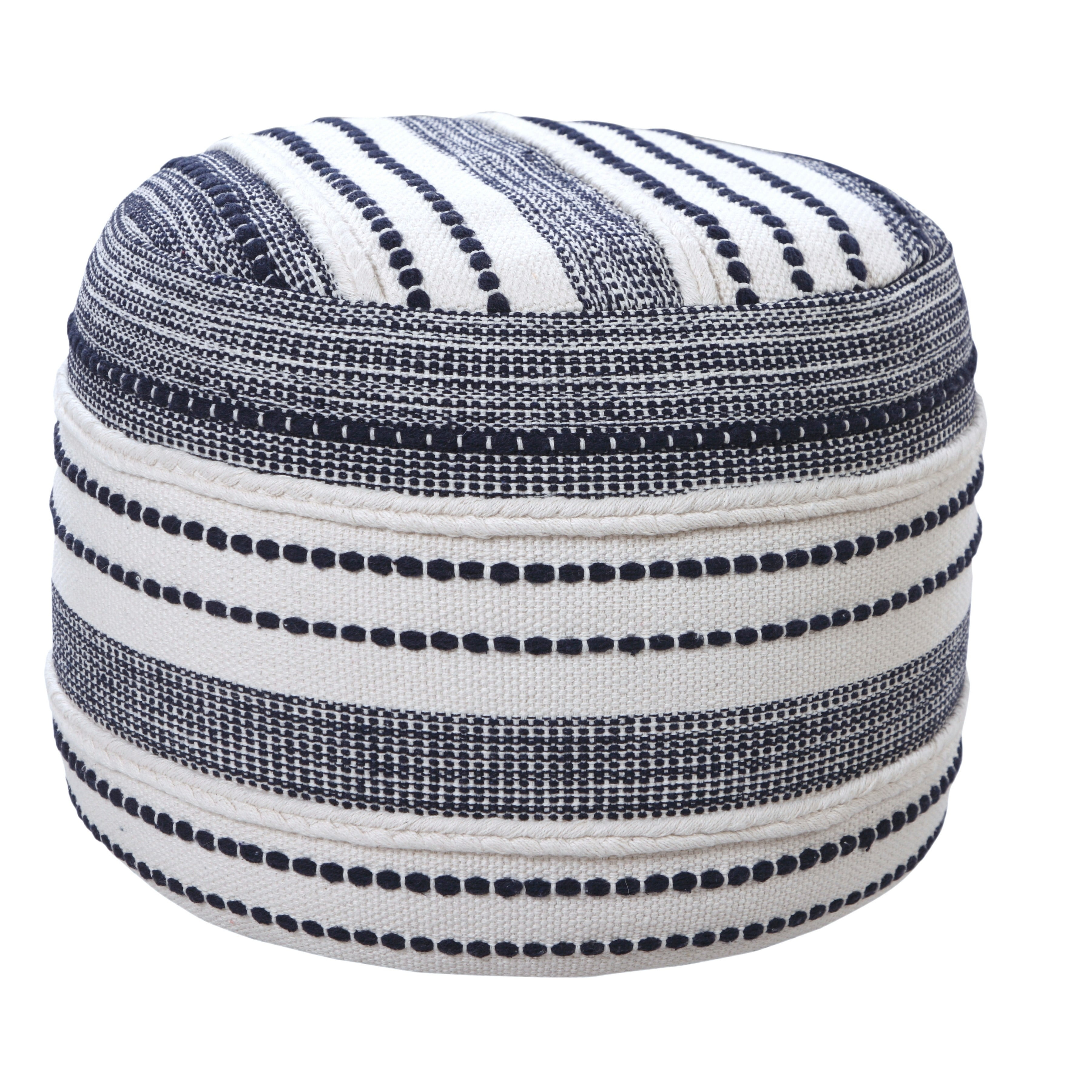 LR Home Fred Round Navy/White Striped Indoor Pouf Ottoman, 14"H x 18"W
