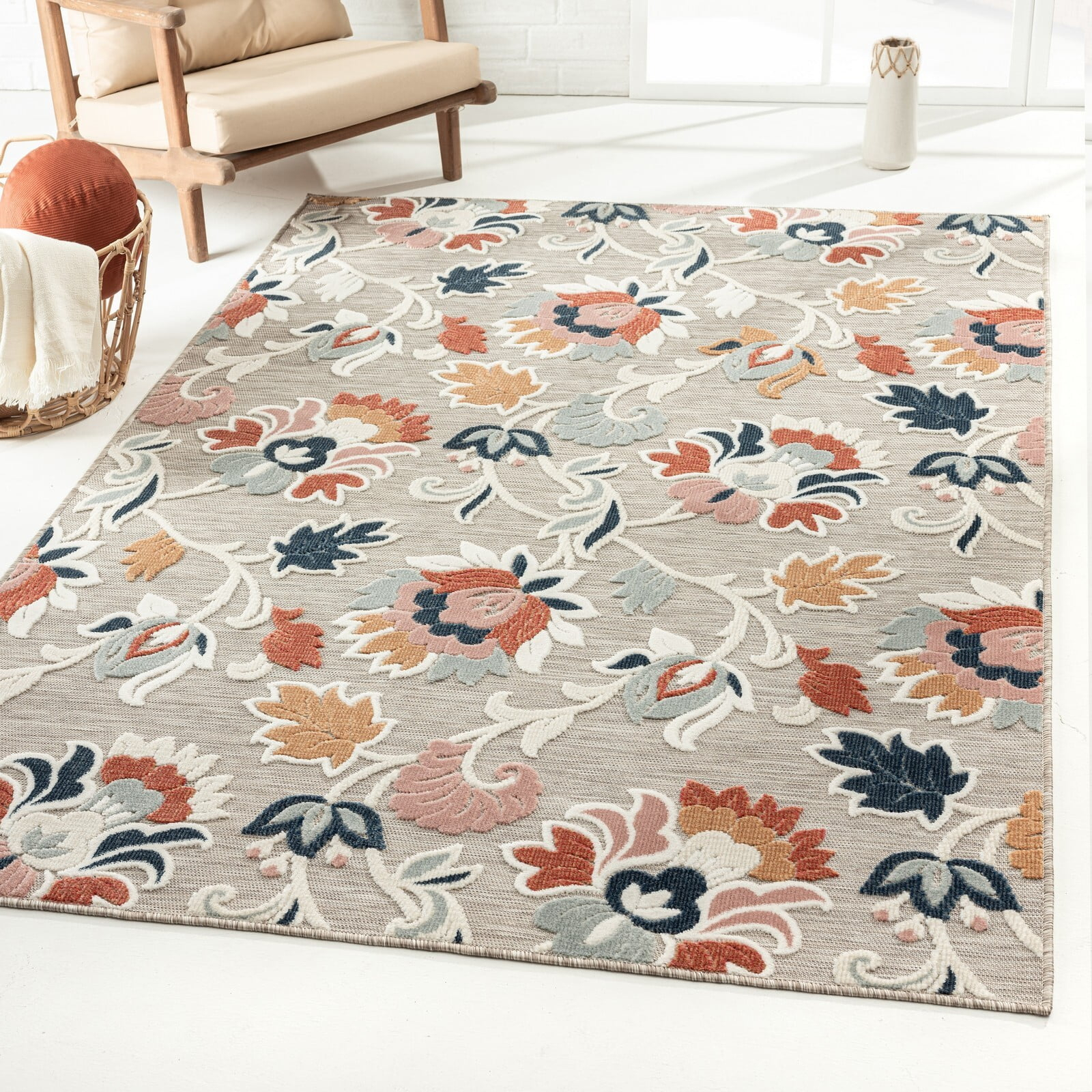 HomeRoots 5' X 7' Blue And Gray Floral Stain Resistant Indoor Outdoor Area Rug