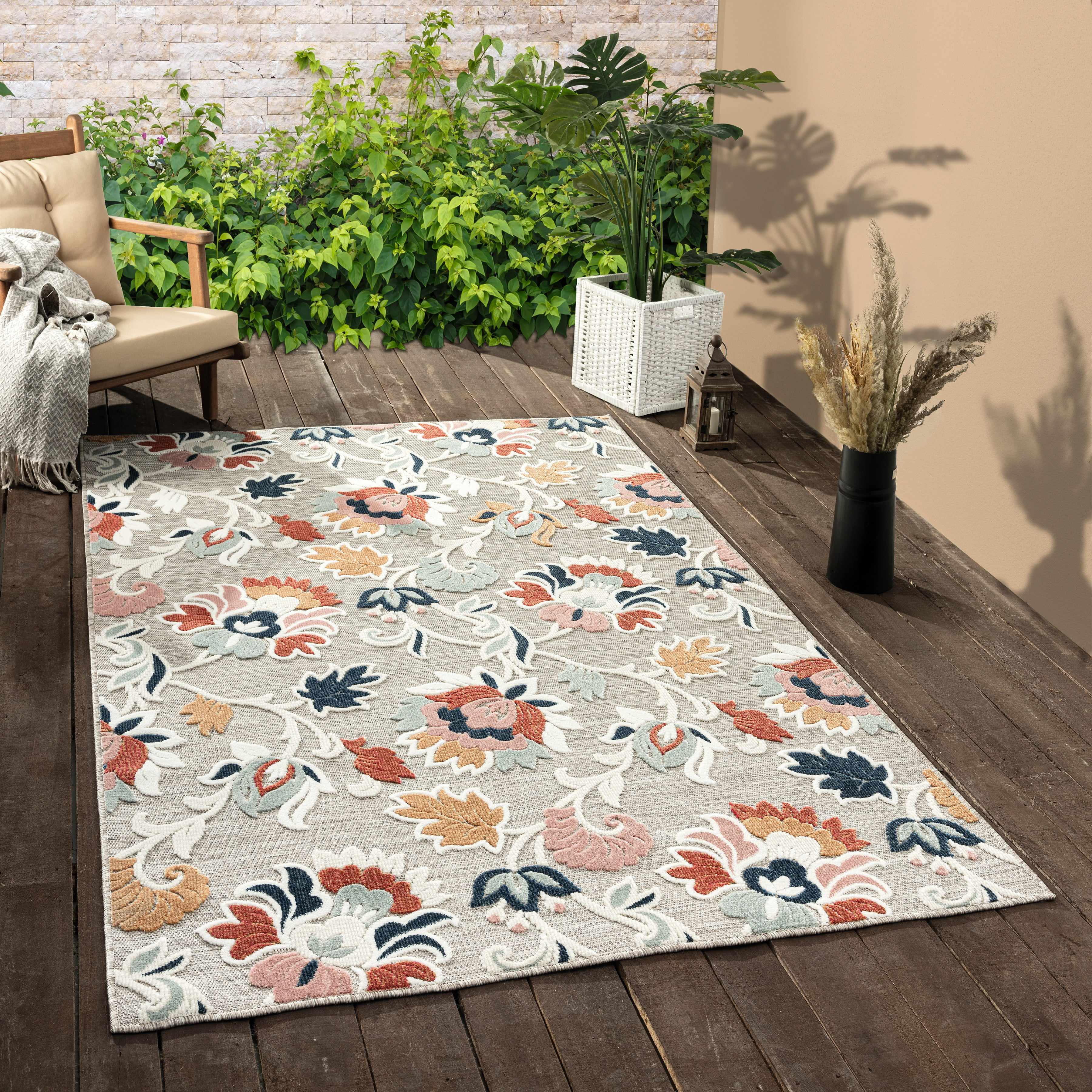 LR Home Elise 7'9" x 9'9" Coral/Gray Floral Hi-Low Indoor/Outdoor Area Rug