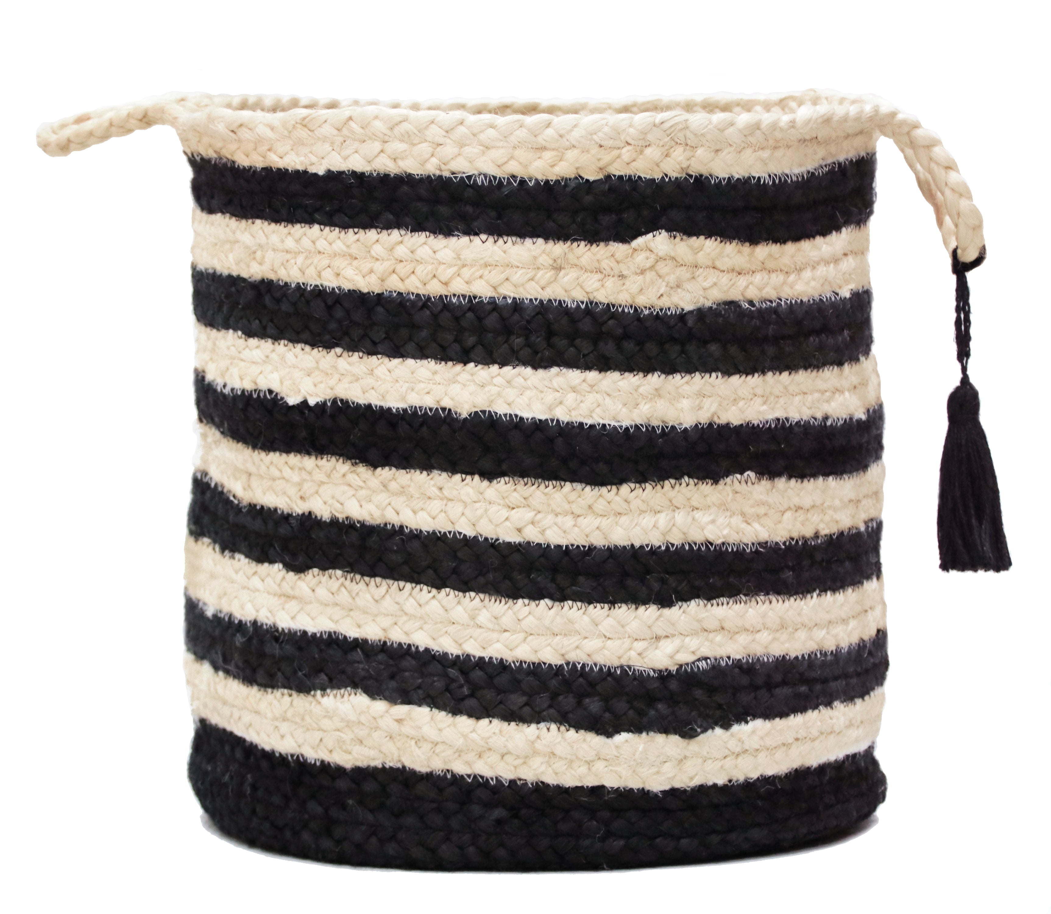 LR Home Woven Round Jute 17" Storage Basket with Handles, Black/White Multi Stripe