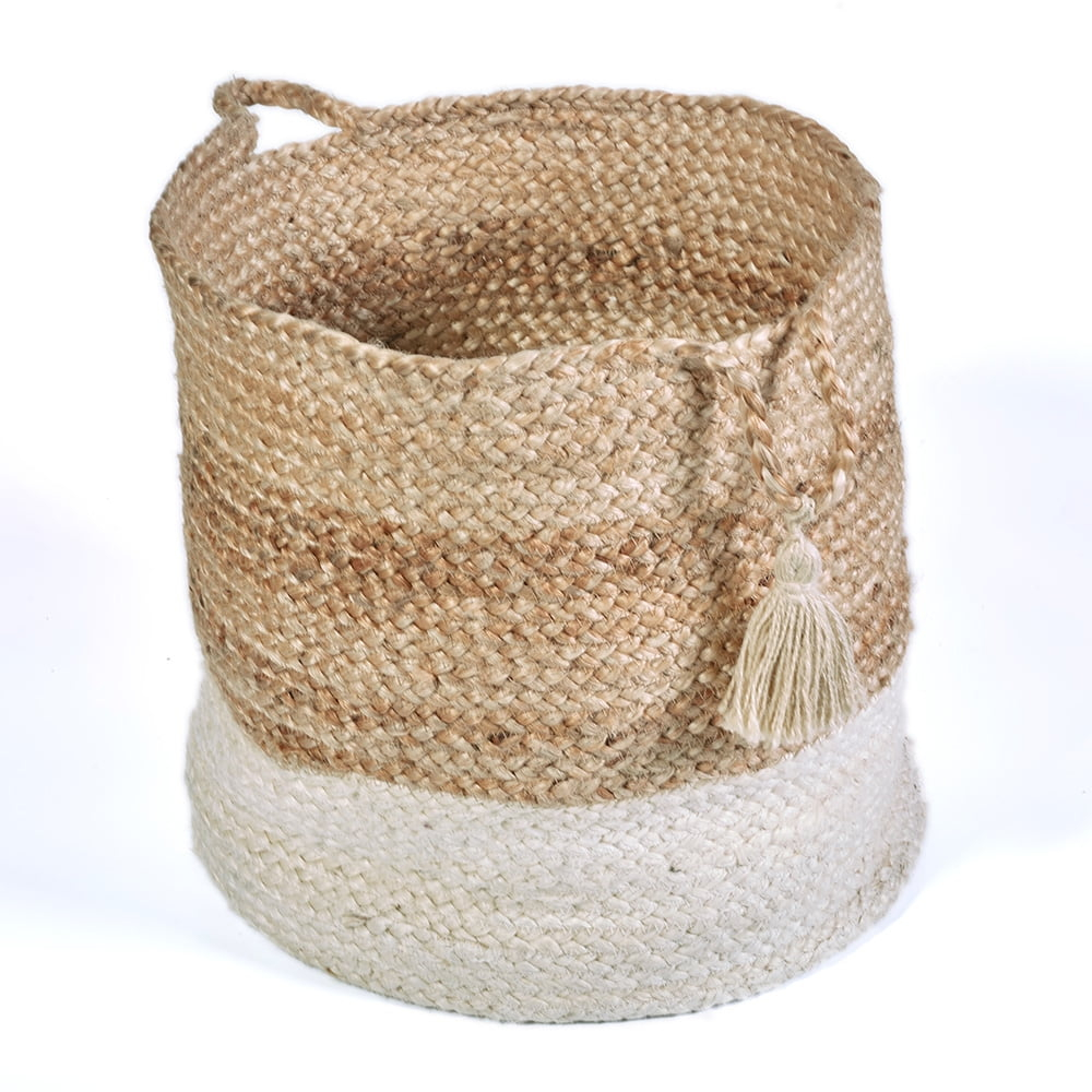 LR Home Woven Round Jute 17" Storage Basket with Handles, White Stripe