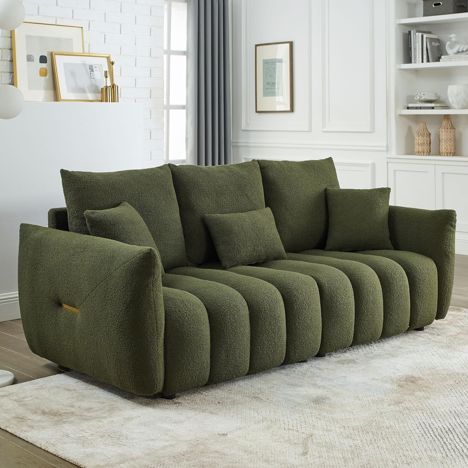 LUCKHAO  82" Modern Couch Premium Teddy fabric Sofa with 3 Back Pillows and 3 back Cushions Solid Wood Frame 3-Seater Sofa, Oversized Upholstered Chair for Living Room, Bedroom, Apartment and Office