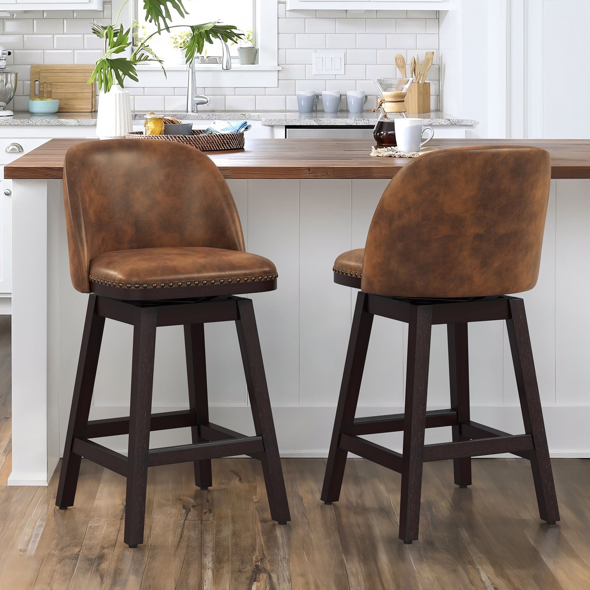 LUE BONA 26'' Swivel Bar Stools Set of 2, Counter Stools with Back & Footrest for Kitchen,Brown