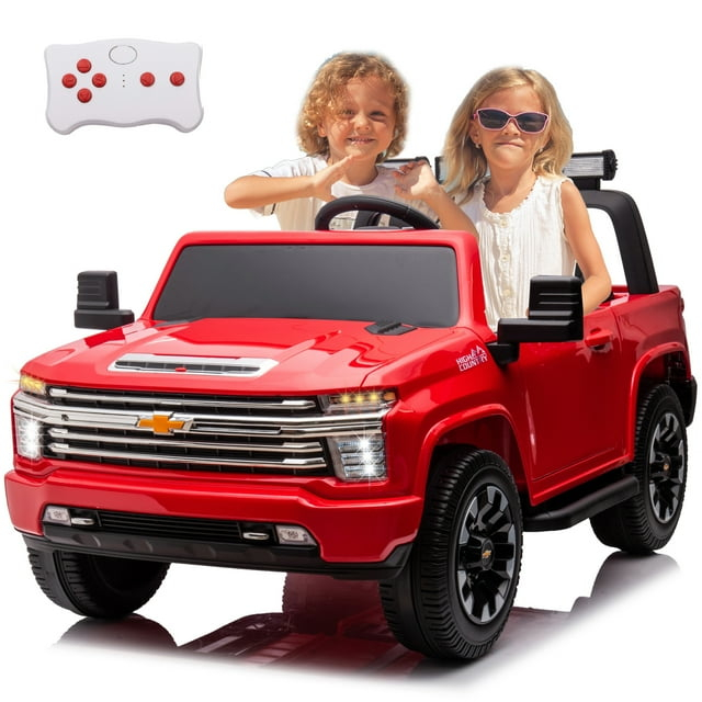 LUIBAS 24V Ride on Toy, 2 Seater Licensed Chevrolet Silverado HD with Remote Control, Battery Powered Kids Electric Ride on Truck for Boys Girls with Wear-Resistant EVA Tires, Music, Bluetooth, Red