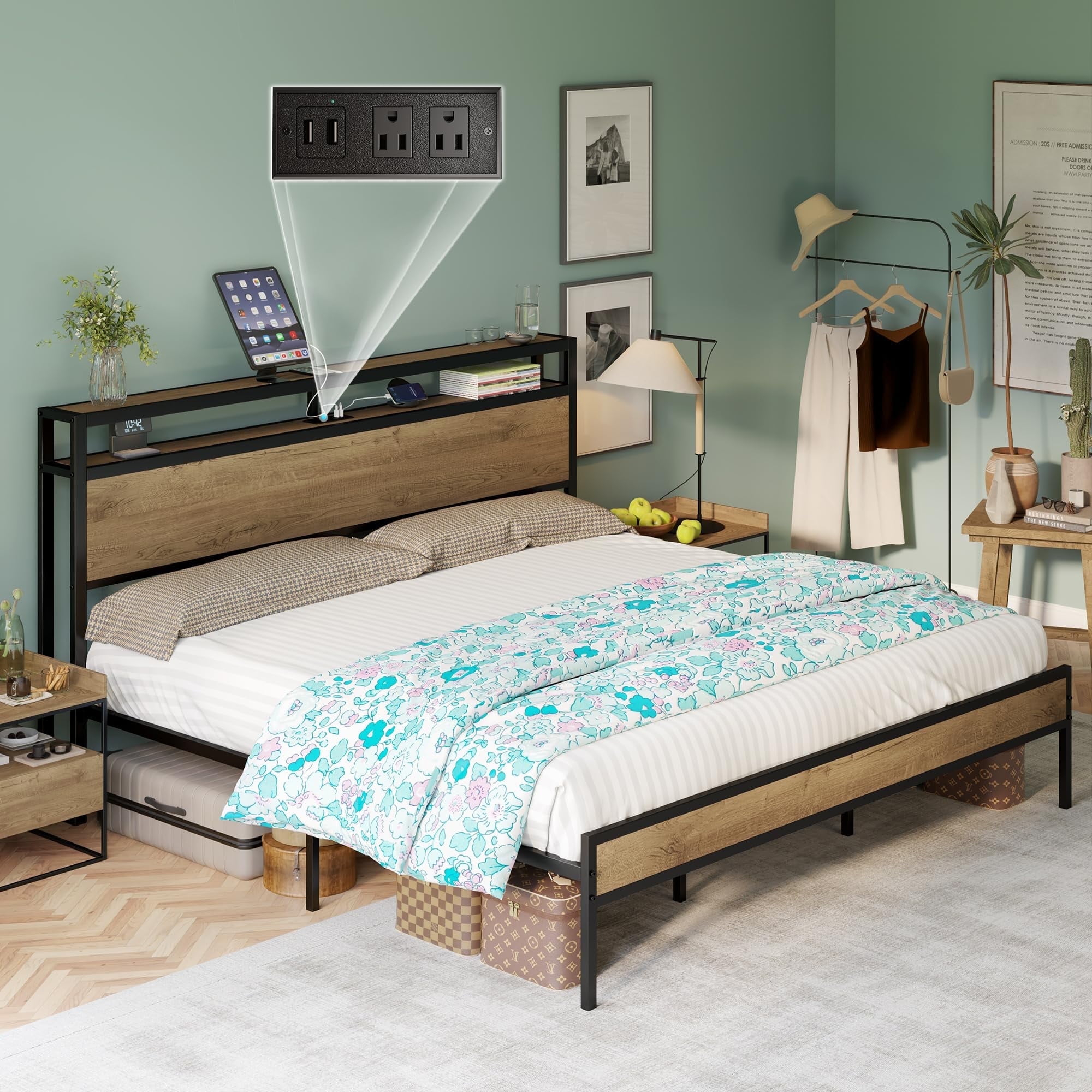 VANACC Metal Wood King Size Bed Frame with 2-Tier Storage Headboard and Charging Station, Light Brown