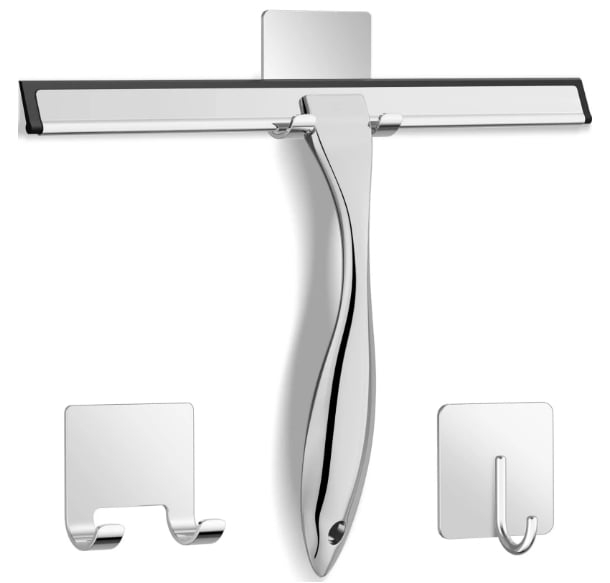 LYCAQL All-Purpose Stainless Steel Shower Squeegee for Shower Glass Door with 2 Adhesive Hooks, Bathroom Cleaner Tool Household Window Mirror Squeegee , Cleaning Tile Wall, Car, 10 Inch Silver