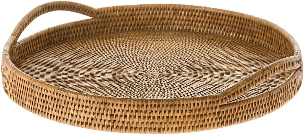 Kouboo La Jolla Round Serving Tray, Serving Tray With Handles, Hosting Tray, Party Tray, Ottoman Tray, Grill, Fruit, Display Tray, Honey Brown