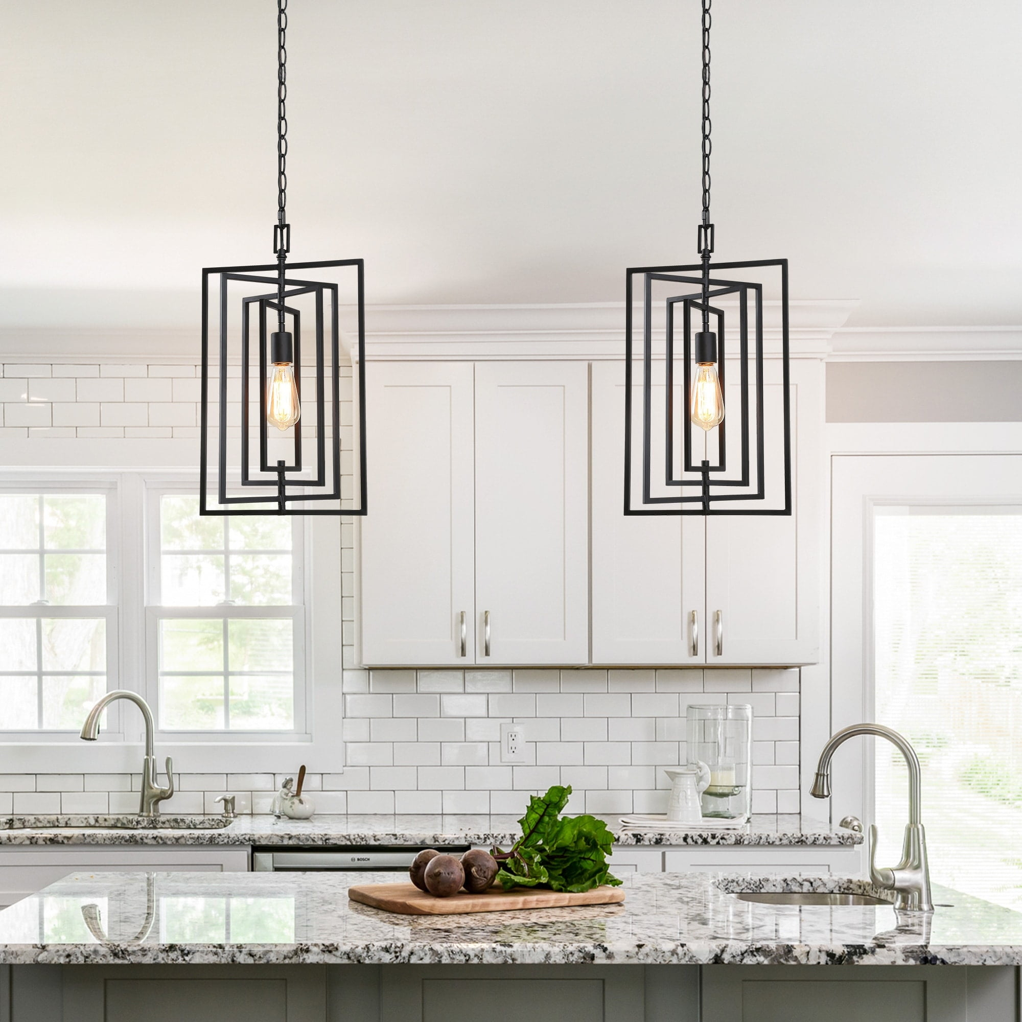 LaLuz Contemporary 1-Light Black Rectangle Kitchen Island Pendant Lights - W12"xH20.4"