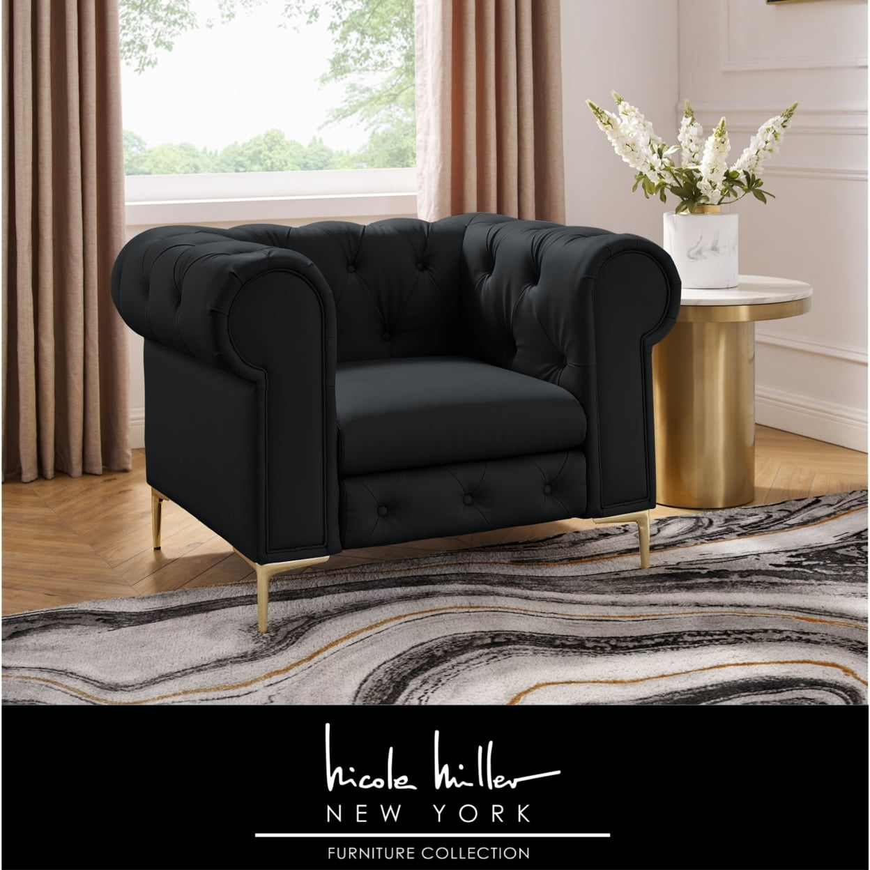 Laci Club Chair Button Tufted Rolled Arms Leather PU Y-Leg 43x33.5x29 inch