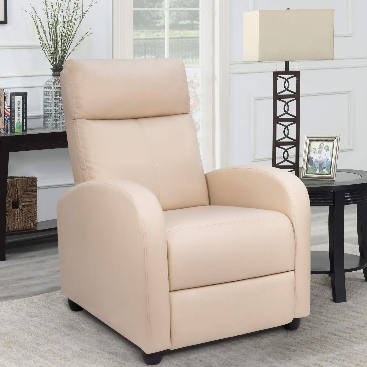 Lacoo Single Recliner Thick Padded Push Back Recliner with Faux Leather, Beige