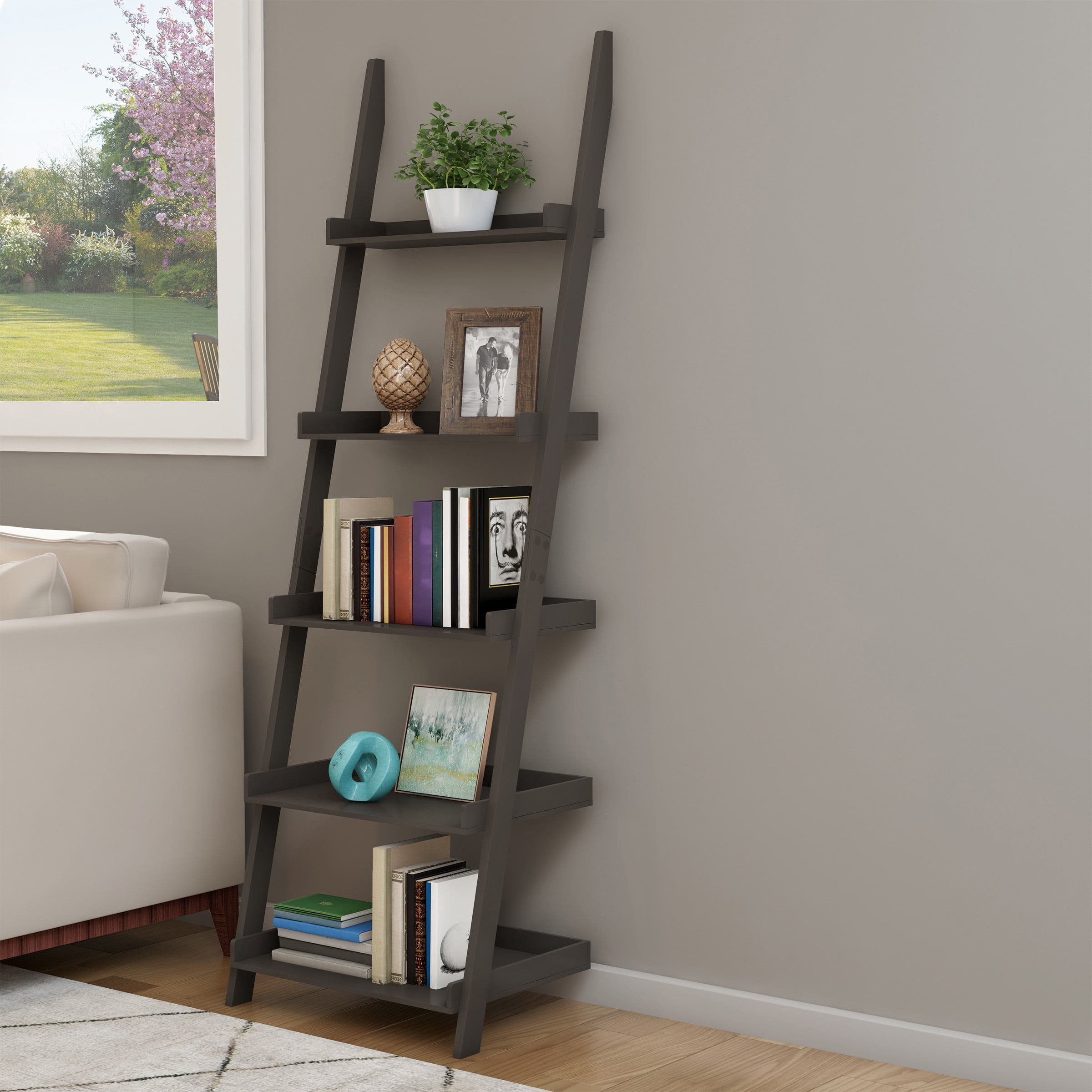 Bookshelf - 5-Tier Ladder Shelf with Leaning Look - Bookcase for Home Decor and Office Storage - Freestanding Book Shelves by Lavish Home (Gray)