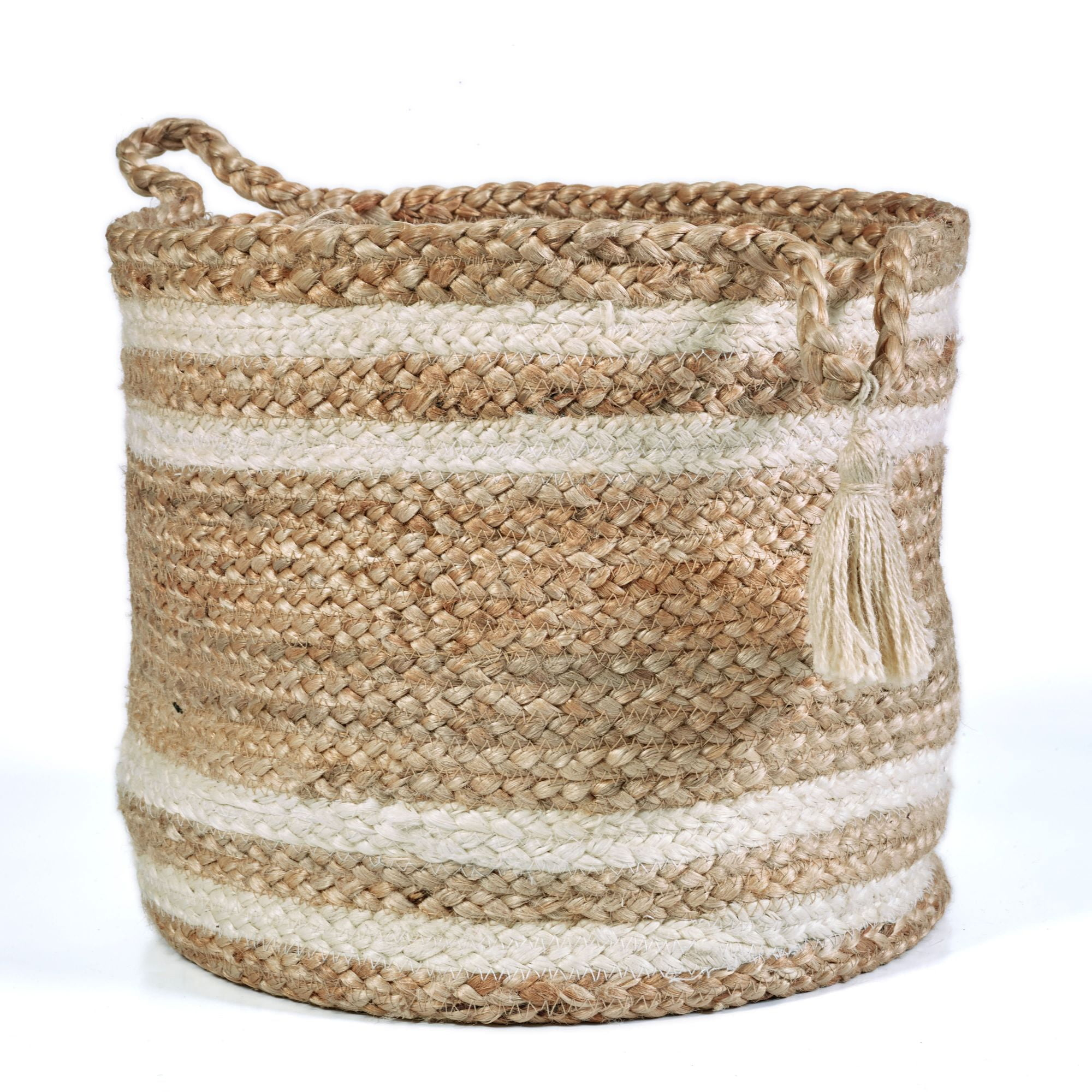 Laddha Home Designs 17" Brown and White Stripe Hand Crafted Jute Storage Basket