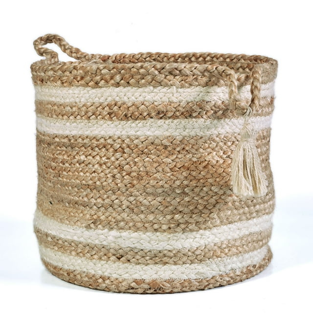 Laddha Home Designs 17" Brown and White Stripe Hand Crafted Jute Storage Basket