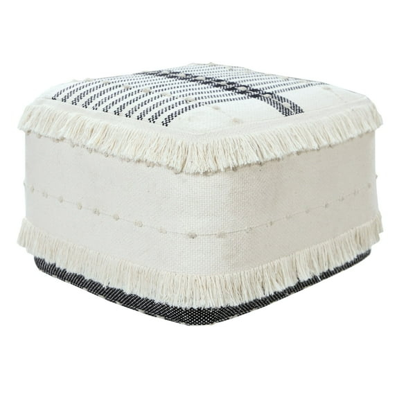 Laddha Home Designs 18" Black and White Shag Stripe Handcrafted Square Pouf Ottoman