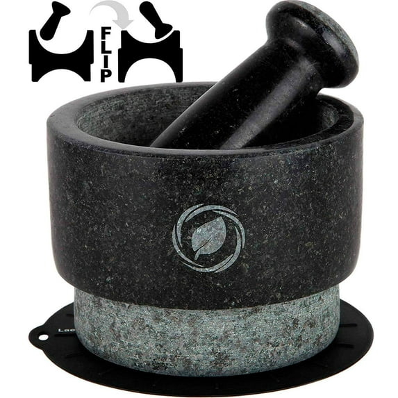 Mortar and Pestle Large Set - Laevo Black Granite Stone Spice Grinder, 2.1 Cup Capacity, 5.5 Inches - Reversible Molcajete Mexicano - Guacamole, Spices - Large Mortar and Pestles Set
