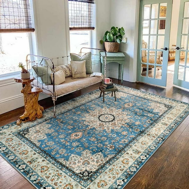 Lahome Area Rugs for Living Room 6'x9' Washable Oriental Floral Medallion Rug Indoor Printed Carpet Non Slip Mat for Dining Bedroom Office Dorm Classroom, Blue